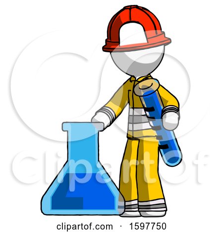 White Firefighter Fireman Man Holding Test Tube Beside Beaker or Flask by Leo Blanchette