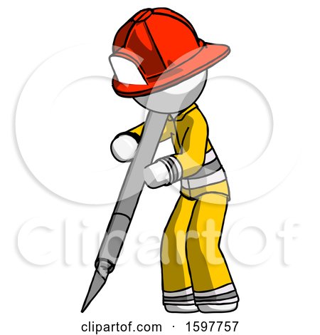 White Firefighter Fireman Man Cutting with Large Scalpel by Leo Blanchette