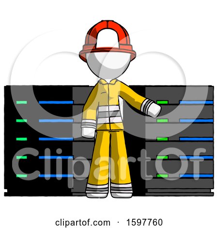 White Firefighter Fireman Man with Server Racks, in Front of Two Networked Systems by Leo Blanchette