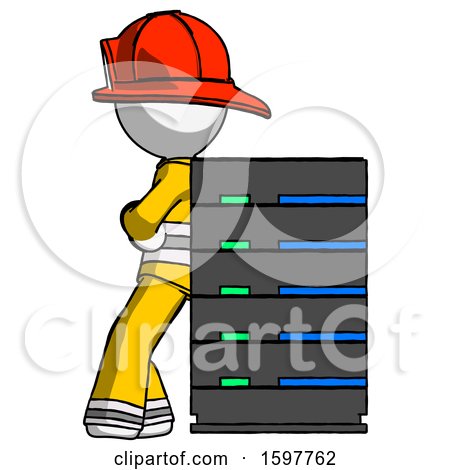 White Firefighter Fireman Man Resting Against Server Rack by Leo Blanchette
