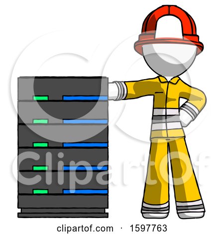 White Firefighter Fireman Man with Server Rack Leaning Confidently Against It by Leo Blanchette