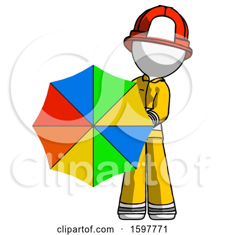 White Firefighter Fireman Man Holding Rainbow Umbrella out to Viewer by Leo Blanchette