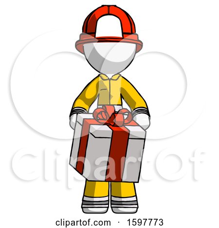 White Firefighter Fireman Man Gifting Present with Large Bow Front View by Leo Blanchette