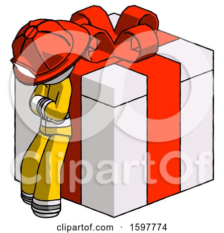White Firefighter Fireman Man Leaning on Gift with Red Bow Angle View by Leo Blanchette