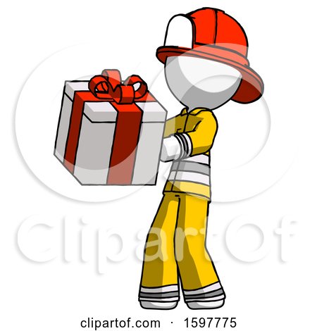 White Firefighter Fireman Man Presenting a Present with Large Red Bow on It by Leo Blanchette