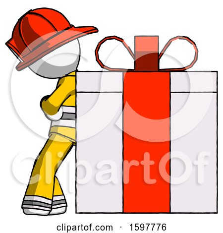 White Firefighter Fireman Man Gift Concept - Leaning Against Large Present by Leo Blanchette