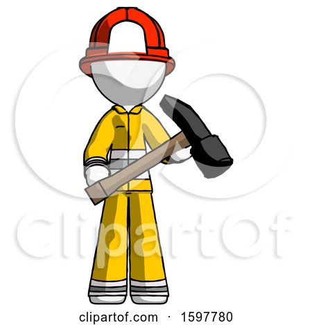 White Firefighter Fireman Man Holding Hammer Ready to Work by Leo Blanchette