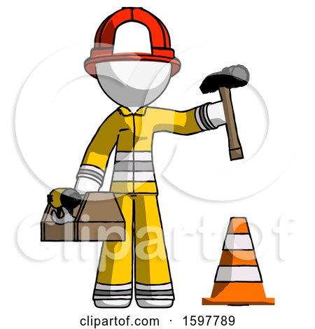 White Firefighter Fireman Man Under Construction Concept, Traffic Cone and Tools by Leo Blanchette