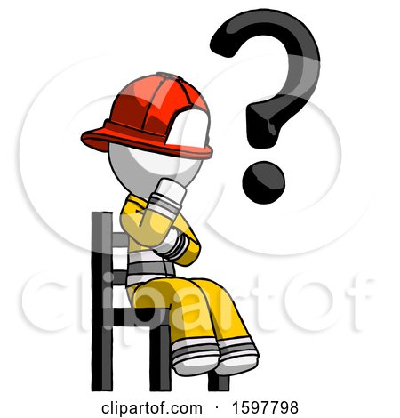 White Firefighter Fireman Man Question Mark Concept, Sitting on Chair Thinking by Leo Blanchette