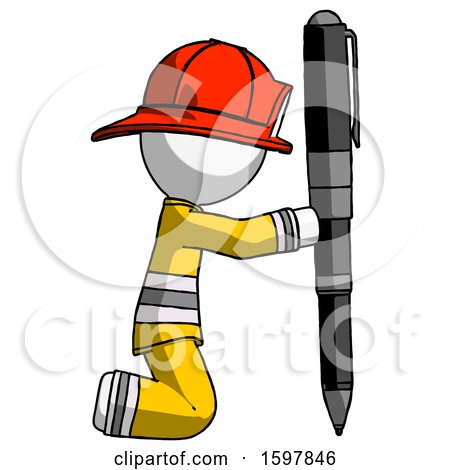 White Firefighter Fireman Man Posing with Giant Pen in Powerful yet Awkward Manner. by Leo Blanchette