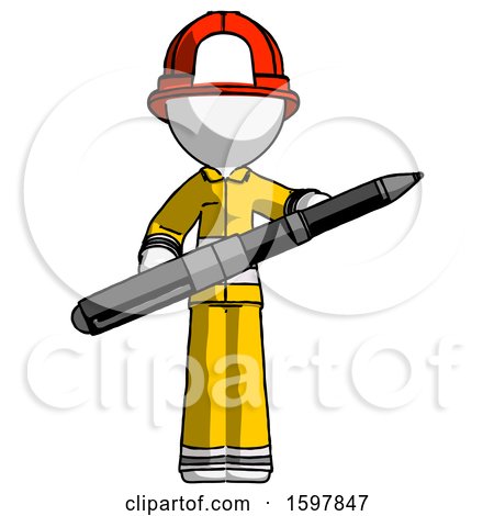 White Firefighter Fireman Man Posing Confidently with Giant Pen by Leo Blanchette