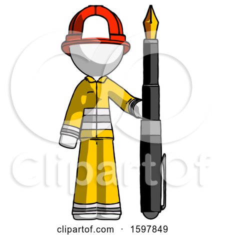 White Firefighter Fireman Man Holding Giant Calligraphy Pen by Leo Blanchette
