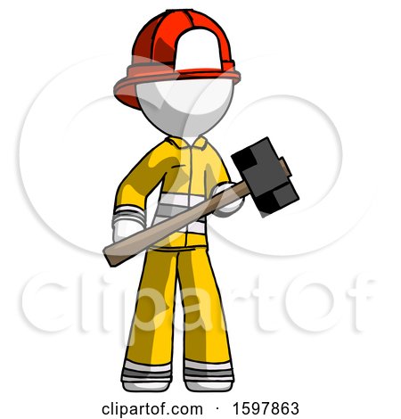 White Firefighter Fireman Man with Sledgehammer Standing Ready to Work or Defend by Leo Blanchette