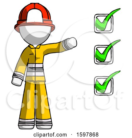 White Firefighter Fireman Man Standing by List of Checkmarks by Leo Blanchette