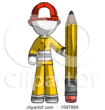 White Firefighter Fireman Man with Large Pencil Standing Ready to Write by Leo Blanchette