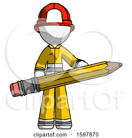 White Firefighter Fireman Man Writer or Blogger Holding Large Pencil by Leo Blanchette