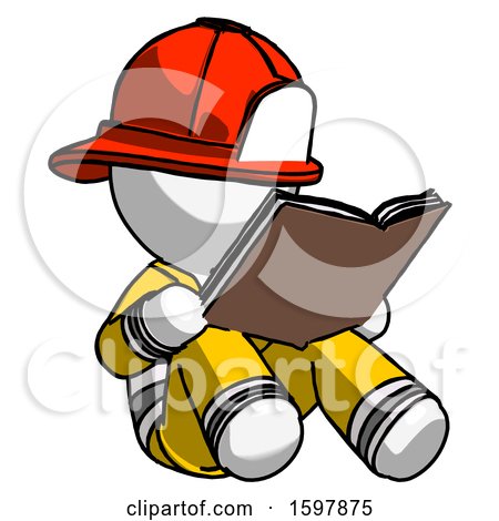 White Firefighter Fireman Man Reading Book While Sitting down by Leo Blanchette