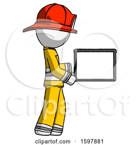 White Firefighter Fireman Man Show Tablet Device Computer to Viewer, Blank Area by Leo Blanchette