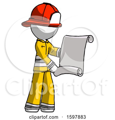 White Firefighter Fireman Man Holding Blueprints or Scroll by Leo Blanchette