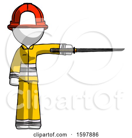 White Firefighter Fireman Man Standing with Ninja Sword Katana Pointing Right by Leo Blanchette