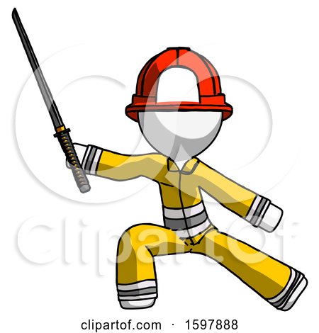 White Firefighter Fireman Man with Ninja Sword Katana in Defense Pose by Leo Blanchette
