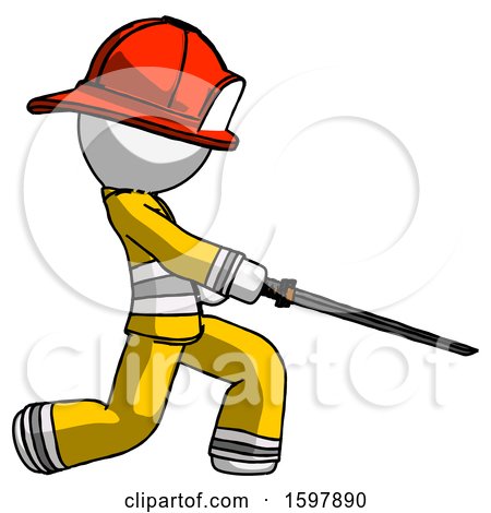 White Firefighter Fireman Man with Ninja Sword Katana Slicing or Striking Something by Leo Blanchette