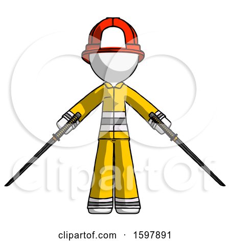 White Firefighter Fireman Man Posing with Two Ninja Sword Katanas by Leo Blanchette