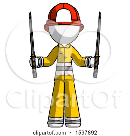 White Firefighter Fireman Man Posing with Two Ninja Sword Katanas up by Leo Blanchette
