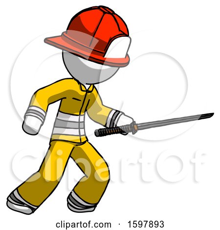 White Firefighter Fireman Man Stabbing with Ninja Sword Katana by Leo Blanchette