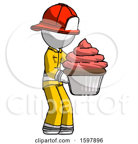 White Firefighter Fireman Man Holding Large Cupcake Ready to Eat or Serve by Leo Blanchette
