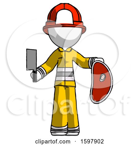 White Firefighter Fireman Man Holding Large Steak with Butcher Knife by Leo Blanchette