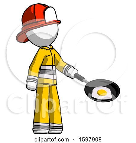 White Firefighter Fireman Man Frying Egg in Pan or Wok Facing Right by Leo Blanchette