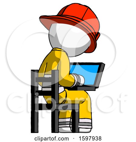 White Firefighter Fireman Man Using Laptop Computer While Sitting in Chair View from Back by Leo Blanchette