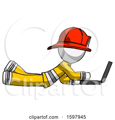 White Firefighter Fireman Man Using Laptop Computer While Lying on Floor Side View by Leo Blanchette