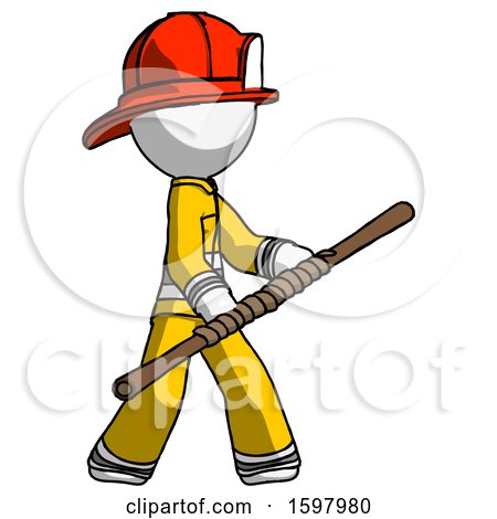 White Firefighter Fireman Man Holding Bo Staff in Sideways Defense Pose by Leo Blanchette