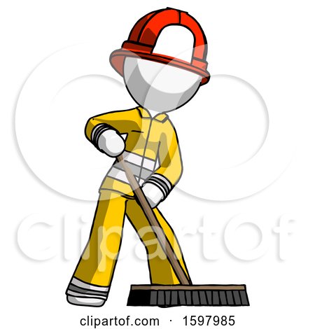 White Firefighter Fireman Man Cleaning Services Janitor Sweeping Floor with Push Broom by Leo Blanchette