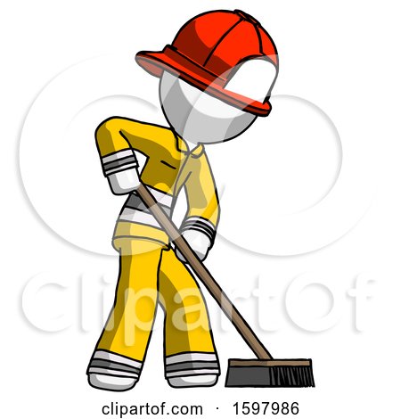White Firefighter Fireman Man Cleaning Services Janitor Sweeping Side View by Leo Blanchette