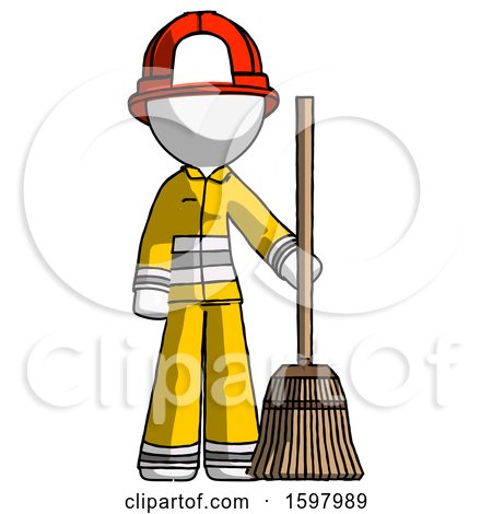 White Firefighter Fireman Man Standing with Broom Cleaning Services by Leo Blanchette