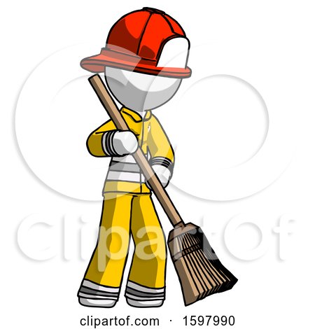 White Firefighter Fireman Man Sweeping Area with Broom by Leo Blanchette