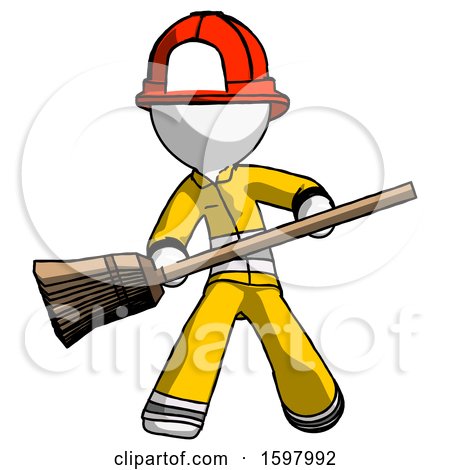 White Firefighter Fireman Man Broom Fighter Defense Pose by Leo Blanchette