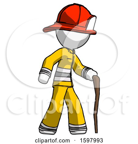 White Firefighter Fireman Man Walking with Hiking Stick by Leo Blanchette
