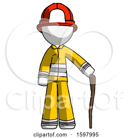 White Firefighter Fireman Man Standing with Hiking Stick by Leo Blanchette