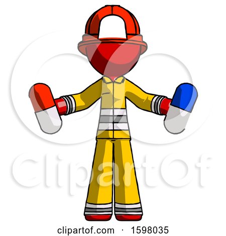 Red Firefighter Fireman Man Holding a Red Pill and Blue Pill by Leo Blanchette