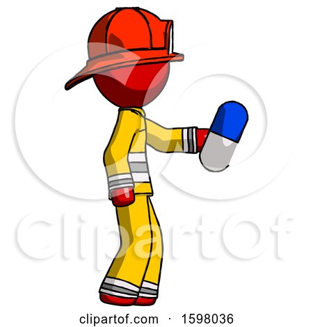 Red Firefighter Fireman Man Holding Blue Pill Walking to Right by Leo Blanchette