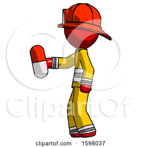 Red Firefighter Fireman Man Holding Red Pill Walking to Left by Leo Blanchette