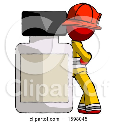 Red Firefighter Fireman Man Leaning Against Large Medicine Bottle by Leo Blanchette