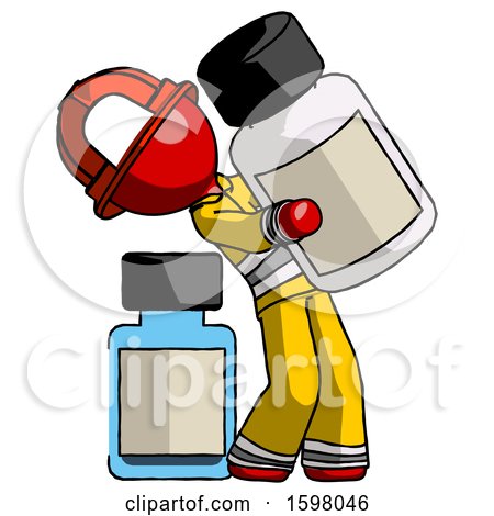 Red Firefighter Fireman Man Holding Large White Medicine Bottle with Bottle in Background by Leo Blanchette