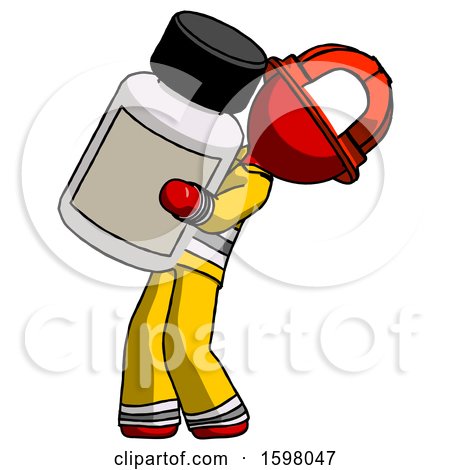 Red Firefighter Fireman Man Holding Large White Medicine Bottle by Leo Blanchette
