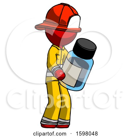 Red Firefighter Fireman Man Holding Glass Medicine Bottle by Leo Blanchette