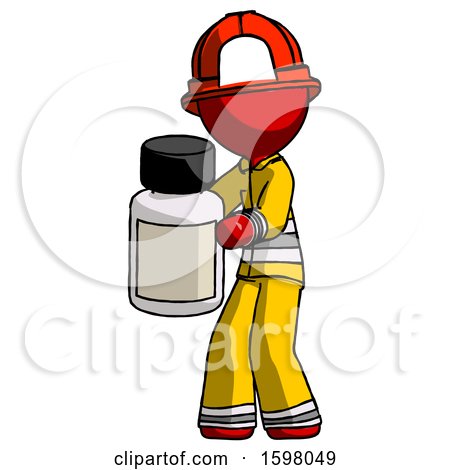 Red Firefighter Fireman Man Holding White Medicine Bottle by Leo Blanchette